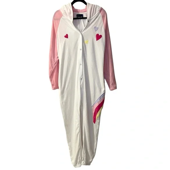 Unicorn onesie hooded pajama costume white with pink & rainbows size M NWOT - Picture 3 of 11